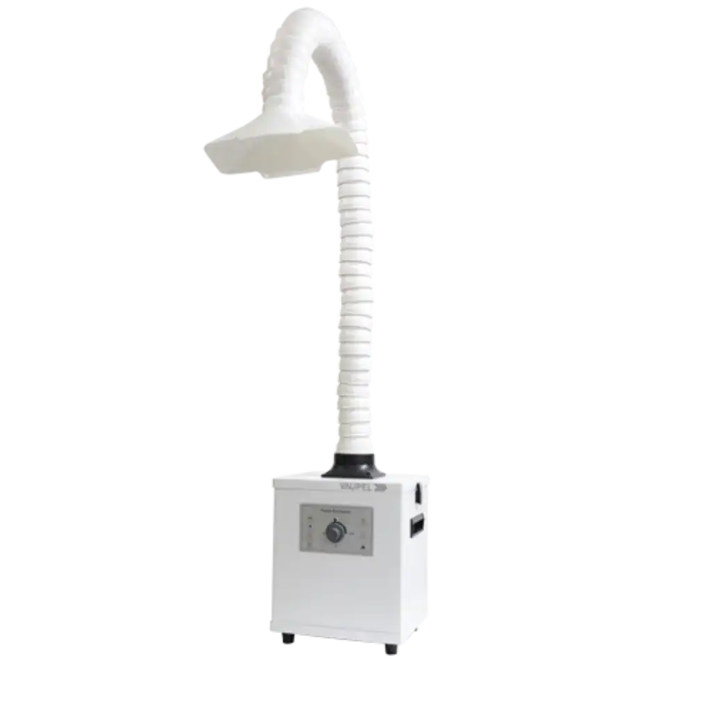Staubabsaugung VAUPEL Absaugtechnik, mobile Absaughaube mit flexiblem Verbindungsschlauch und Steuerungseinheit, für professionelle Staub- und Partikelabsaugung in industriellen Anwendungen.