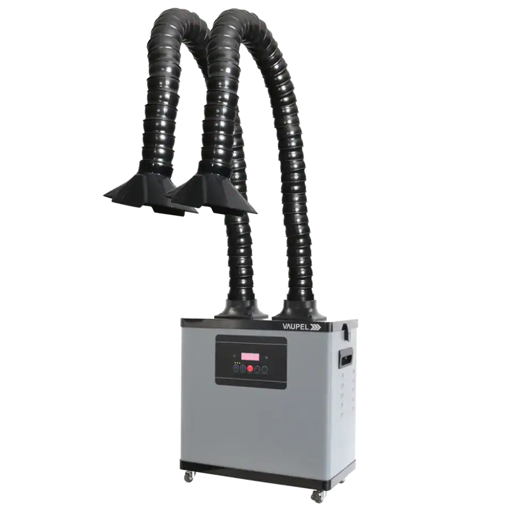 Absaugtechnik mit flexiblen Schläuchen und Kontrollpanel, ideal für industrielle Abluftabsaugung, zuverlässige Staub- und Schadstoffabsaugung, Wartungsarme Entsorgungssysteme, hochwertige Absauganlagen von VAUPEL.