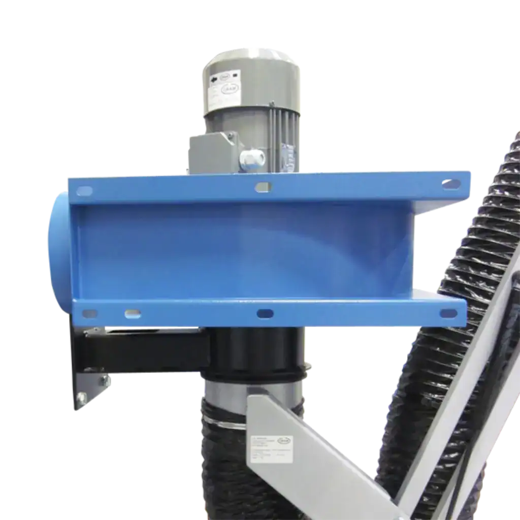 Industrielle Absauganlage mit Ventilator und Staubsammler für effiziente Staub- und Partikelfiltration in der Produktion.
