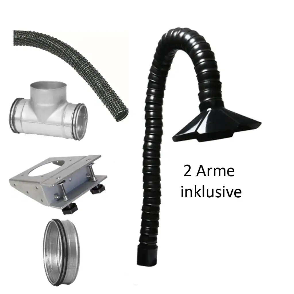 Flexible Absaugschlauch mit 2 Armen, inklusive Zubehör für Industrie- und Werkstattabsaugung.