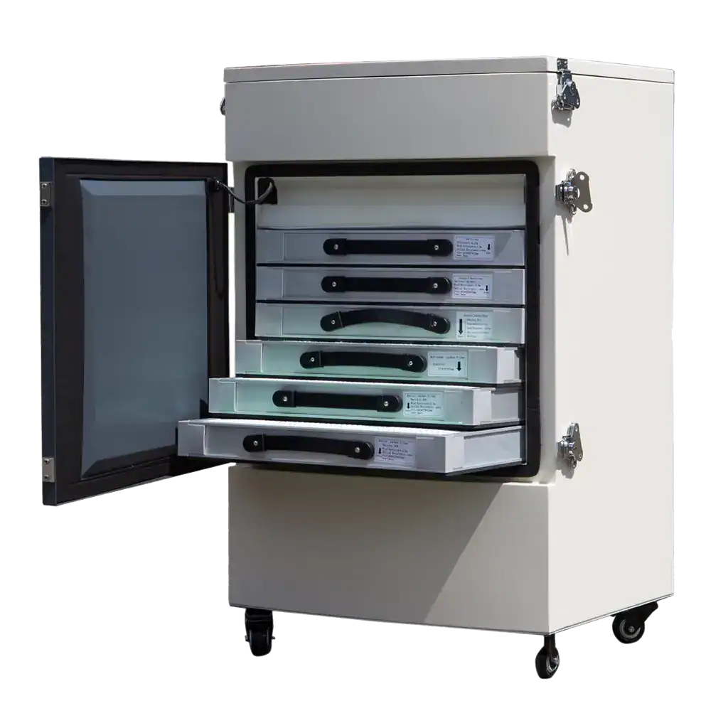 Hochwertiger Absaugtechnik-Schrank mit mehreren herausziehbaren Filtern, ideal für industrielle Staub- und Schadstoffabsaugung. Robustes Gehäuse, leicht zu warten und zu bedienen.