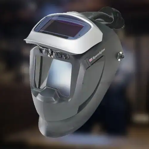 Schweißmaske mit automatischer Lichtregulierung und Schutzbrille, ideal für professionelle Schweißerarbeiten und Rauchabsaugung.