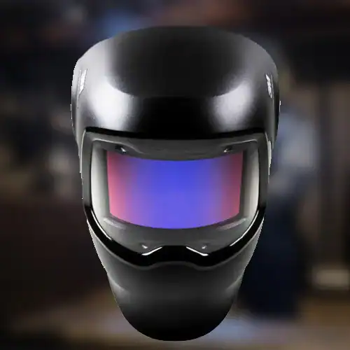 Angehängter, schwarzer Schweißhelm mit verstellbarem Visier, ideal für Schutz und Sicherheit bei Schweißarbeiten und Industrieanwendungen.