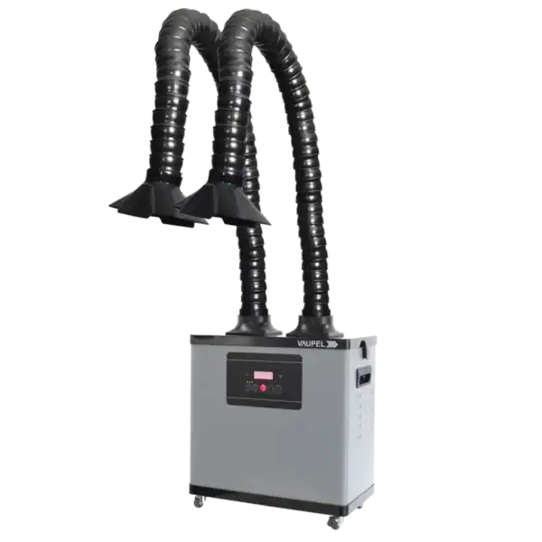 Absaugtechnik mit flexiblen Schläuchen und Kontrollpanel, ideal für industrielle Abluftabsaugung, zuverlässige Staub- und Schadstoffabsaugung, Wartungsarme Entsorgungssysteme, hochwertige Absauganlagen von VAUPEL.