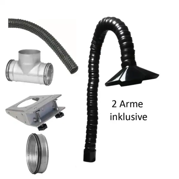 Flexible Absaugschlauch mit 2 Armen, inklusive Zubehör für Industrie- und Werkstattabsaugung.