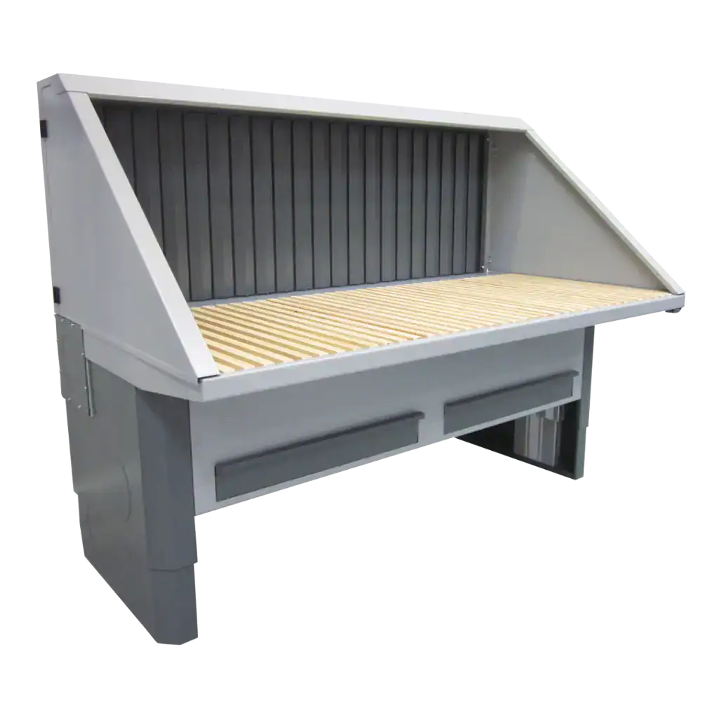 Geräuscharme Absaugkabine für Industrie- und Handwerksanwendungen, mit robustem Aufbau und integriertem Staubabscheider, optimierte Luftfilterung und Arbeitskomfort.