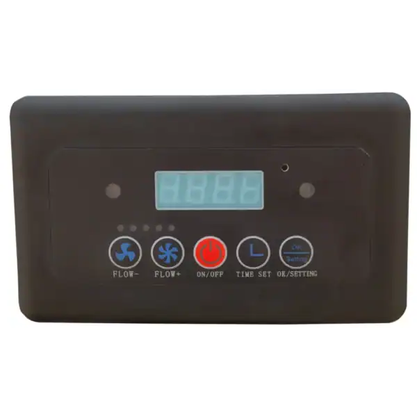 ALt Text: Elektronische Steuerungseinheit für Absaugtechnik von VAUPEL, mit Display und Bedientasten für Temperatur- und Luftstromregelung.