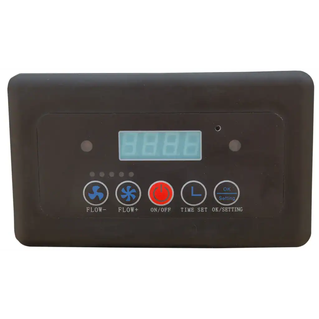 ALt Text: Elektronische Steuerungseinheit für Absaugtechnik von VAUPEL, mit Display und Bedientasten für Temperatur- und Luftstromregelung.