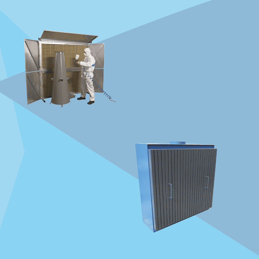 Absaugtechnik in Reinraumumgebung mit Personal, das Luftfilter und Absaugsysteme wartet. Hochmoderne Filter- und Absauggeräte für saubere Lufttechnik in industriellen Anwendungen.