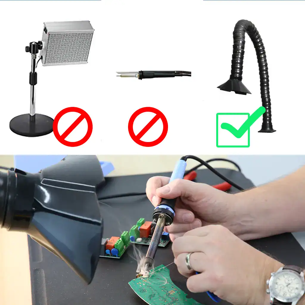 Gerät zur Absaugung von Staub und Schadstoffen in der Elektronikfertigung, mit flexiblem Absaugschlauch und praktischer Arbeitsspitze, ideal für präzises Löten und Feinreinigung.