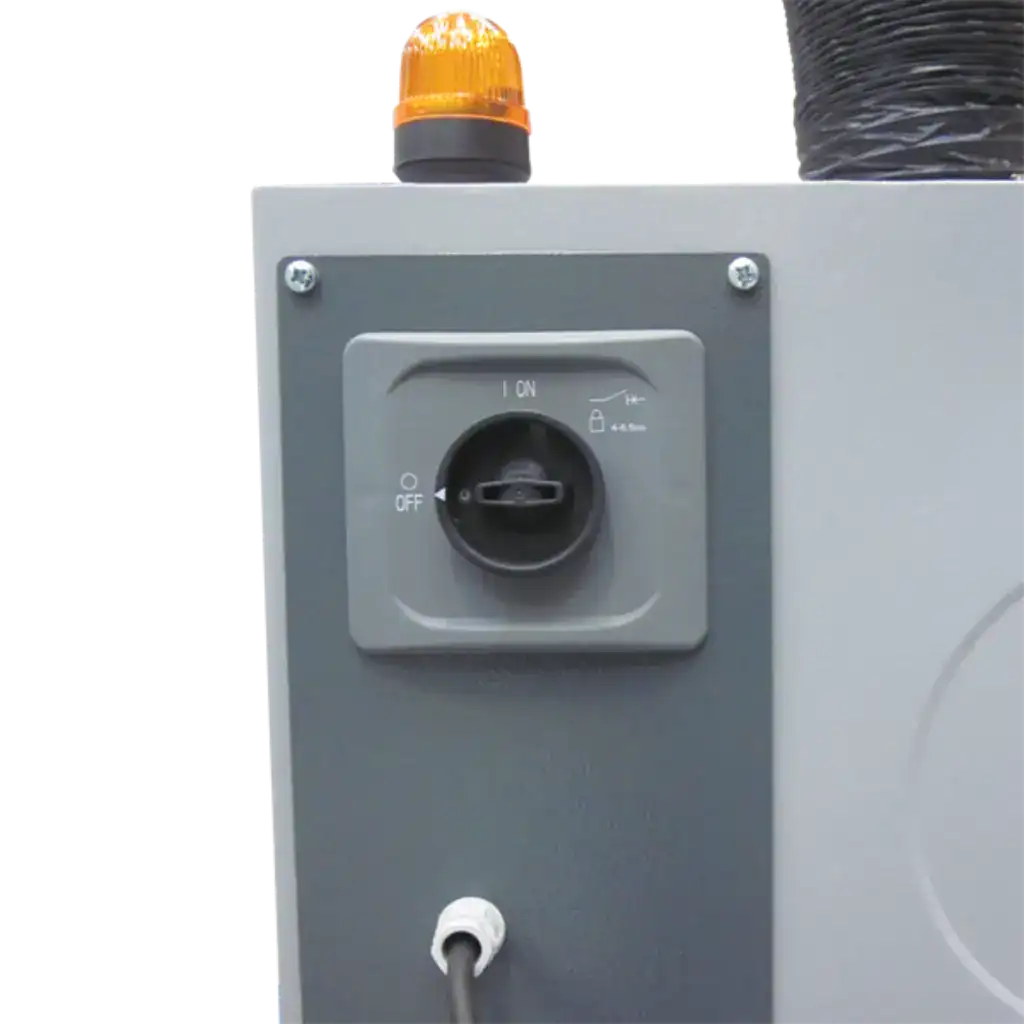 Schaltsystem für Absaugtechnik, robustes Gehäuse mit Drehschalter, Sicherheitswarnleuchte, industrieller Staubsauger, VAUPEL Absaugtechnik, optimale Staubabsaugung, professionelle Entstaubungslösung, zentrale Absaugsteuerung, maßgeschneiderte Absauggeräte, effiziente Staubabsaugungssysteme.