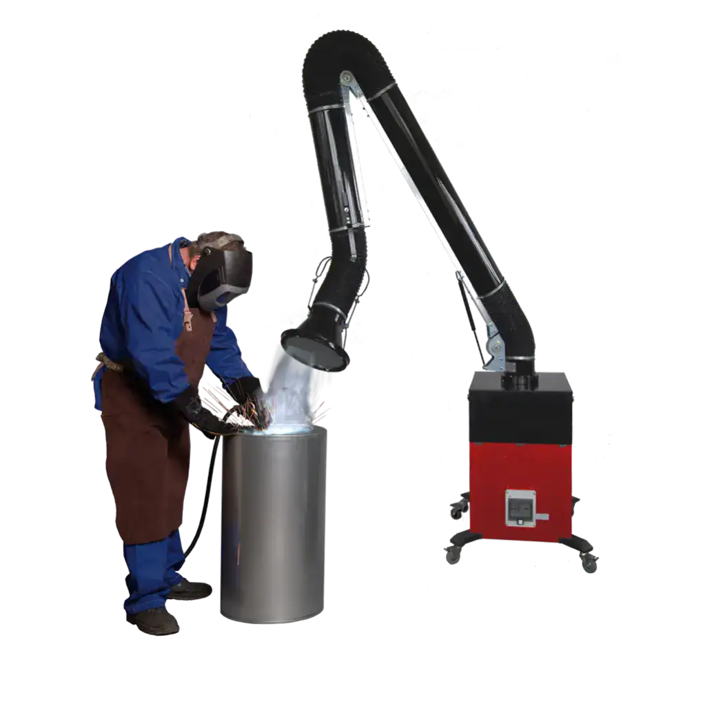Roboterarm mit Absaugtechnik beim Schweißen in industrieller Fertigung.