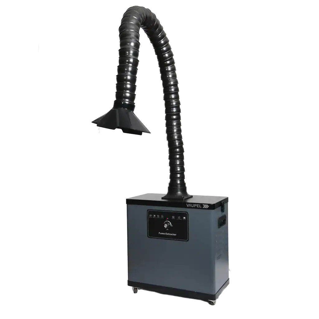 Flexible Absaugtechnik mit Schlauch und Filter für industrielle Rauch- und Staubabsaugung.